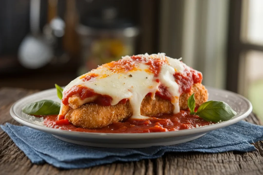 Plate of chicken Parmesan with melted mozzarella cheese, marinara sauce, and a garnish of fresh basil leaves.