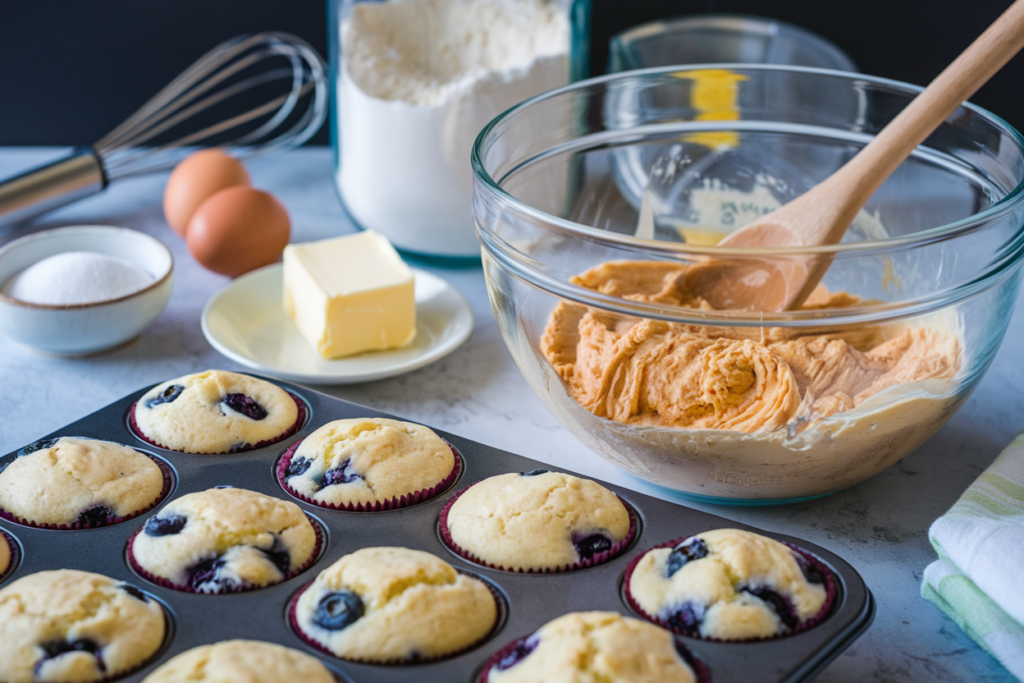 A variety of muffin ingredients including sugar, flour, eggs, butter, and milk with a plate of freshly baked muffins on a wooden cutting board.