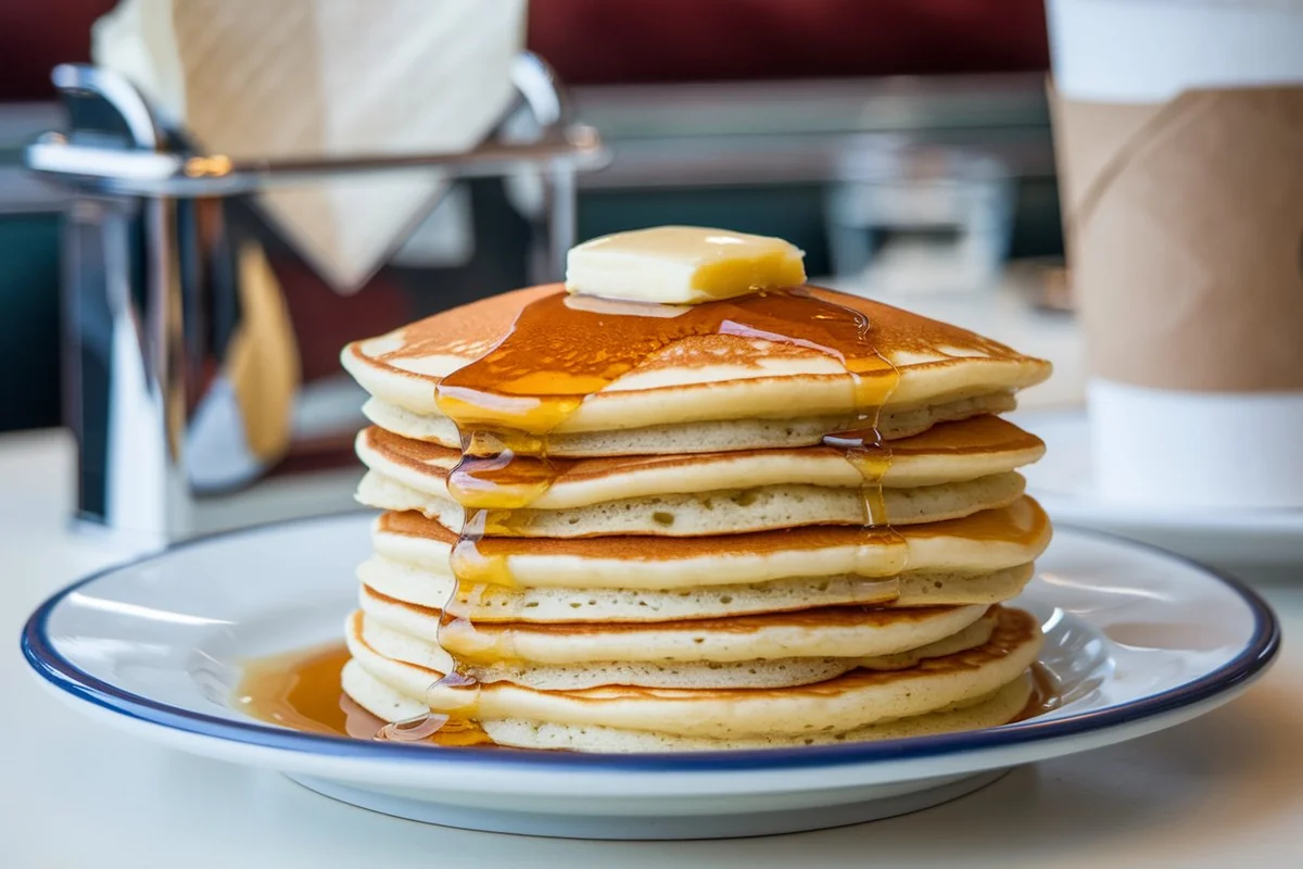 Stack of fluffy diner pancakes with butter and syrup in a classic diner setting