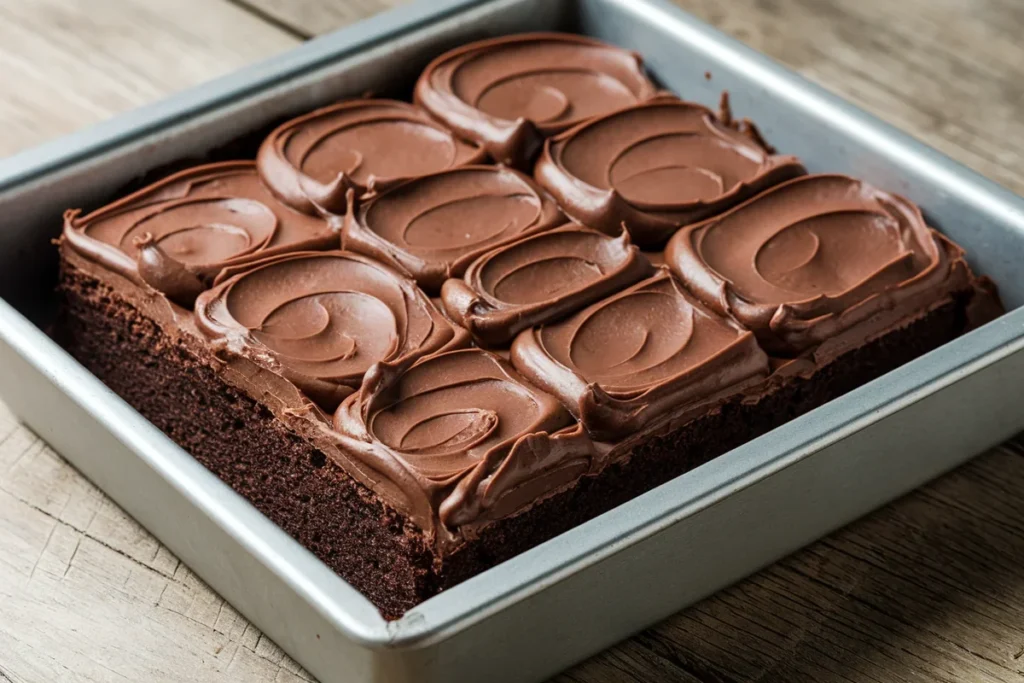 A comparison of two types of brownies, one batch cakey and the other fudgy, with baking tools in the background.