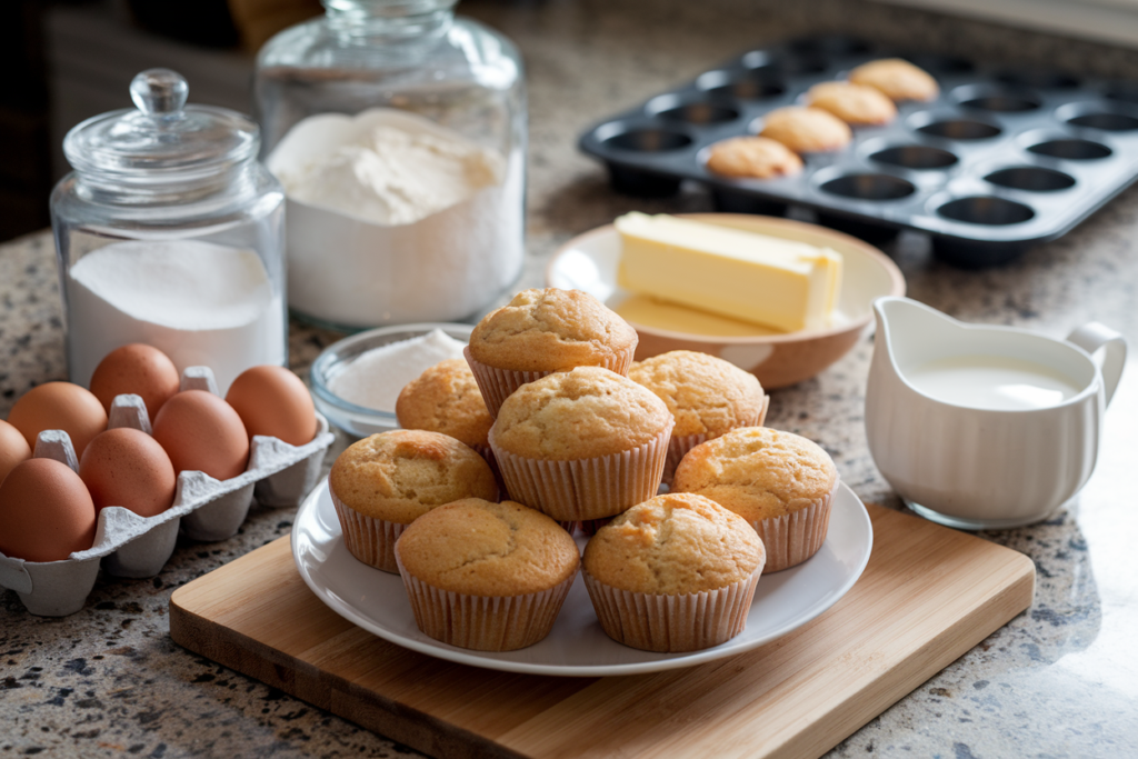 A variety of muffin ingredients including sugar, flour, eggs, butter, and milk with a plate of freshly baked muffins on a wooden cutting board.