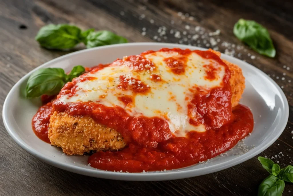 Plate of chicken Parmesan with melted mozzarella cheese, marinara sauce, and a garnish of fresh basil leaves.