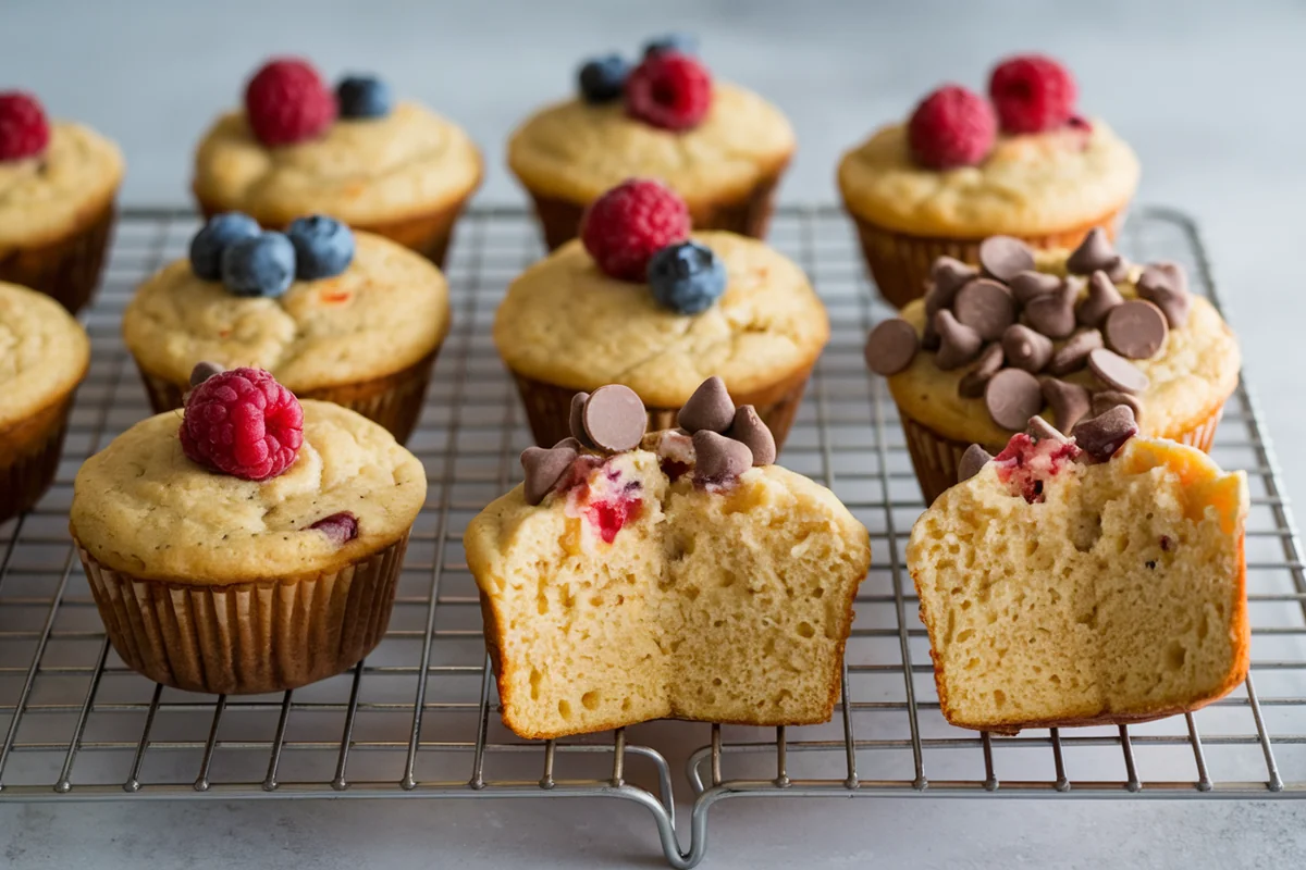 Plate of pancake muffins with various toppings like blueberries and chocolate chips, some muffins cut open to show their fluffy interior.