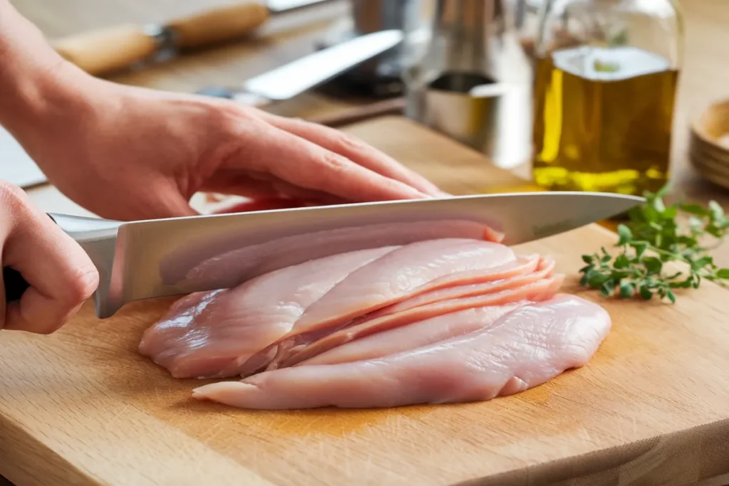 Chicken breast being cut into thin cutlets on a marble countertop