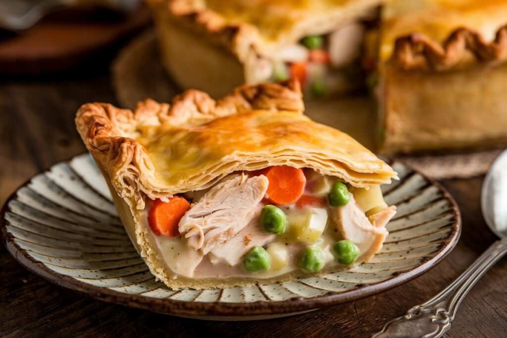 A slice of chicken pot pie on a plate, showing creamy sauce with chicken and vegetables, and a golden flaky crust.