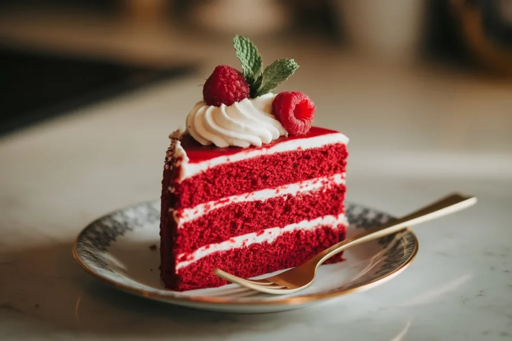 Slice of red velvet cake with cream cheese frosting, fresh raspberries, and mint garnish on a white ceramic plate with a gold fork.