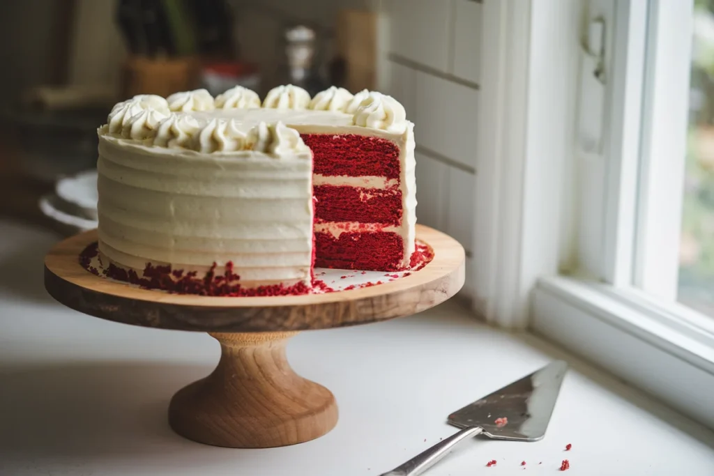 Slice of red velvet cake with cream cheese frosting, fresh raspberries, and mint garnish on a white ceramic plate with a gold fork.