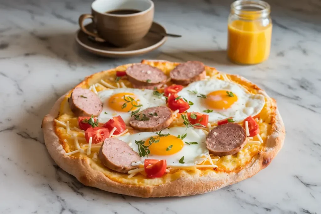 A breakfast pizza with scrambled eggs, turkey bacon, and cheese on a wooden table, next to a glass of orange juice and a bowl of fruit.