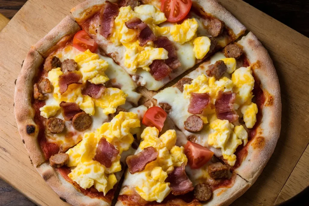 Top-down view of a breakfast pizza with cheese, eggs, turkey bacon, and tomatoes, served with coffee and orange juice.