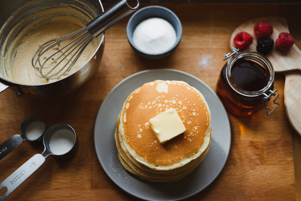 Stack of pancakes with powdered sugar, butter, and blueberries