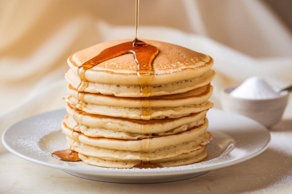 Stack of pancakes with powdered sugar, butter, and blueberries