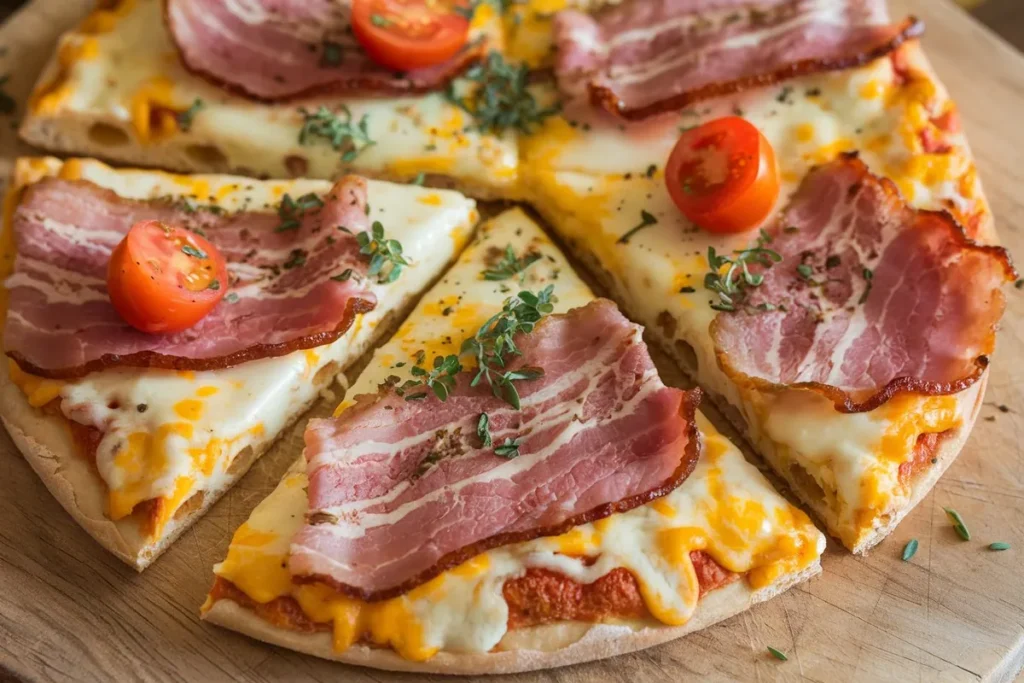 Close-up of a breakfast pizza topped with scrambled eggs, beef bacon, sausage, bell peppers, onions, and mozzarella cheese on a wooden board.