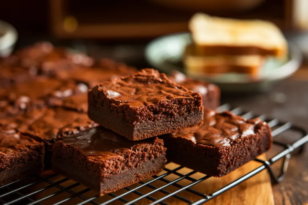 Stack of moist chocolate brownies on a wooden cutting board with an airtight container nearby.