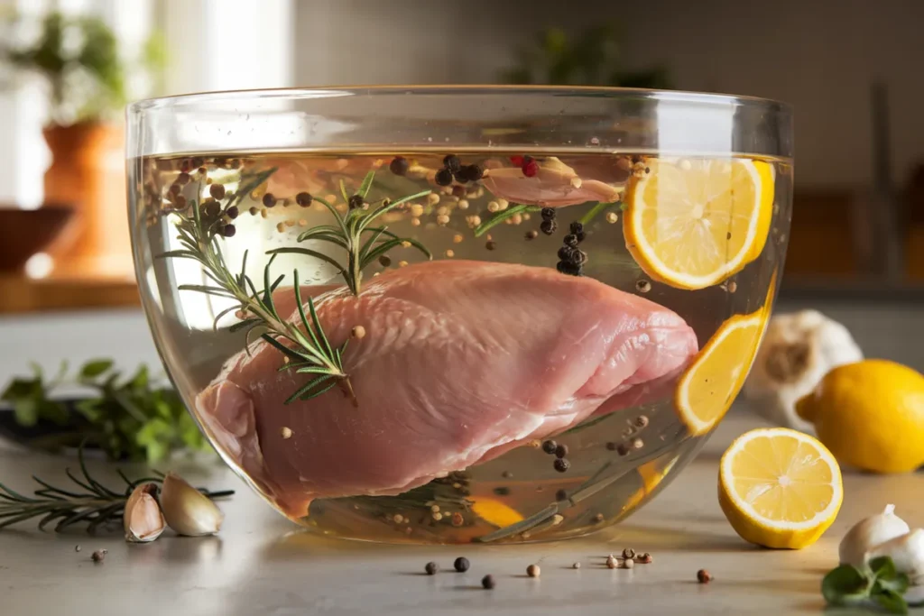 Raw chicken breast submerged in a bowl of brine with salt crystals and herbs, in a modern kitchen setting.