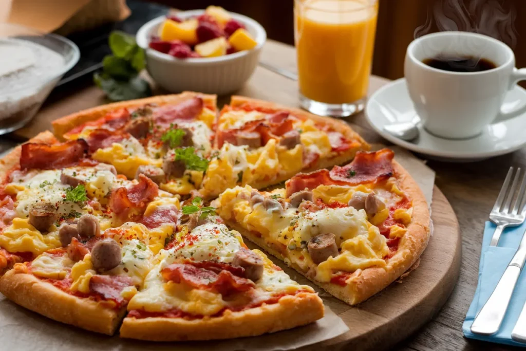 Top-down view of a breakfast pizza with cheese, eggs, turkey bacon, and tomatoes, served with coffee and orange juice.