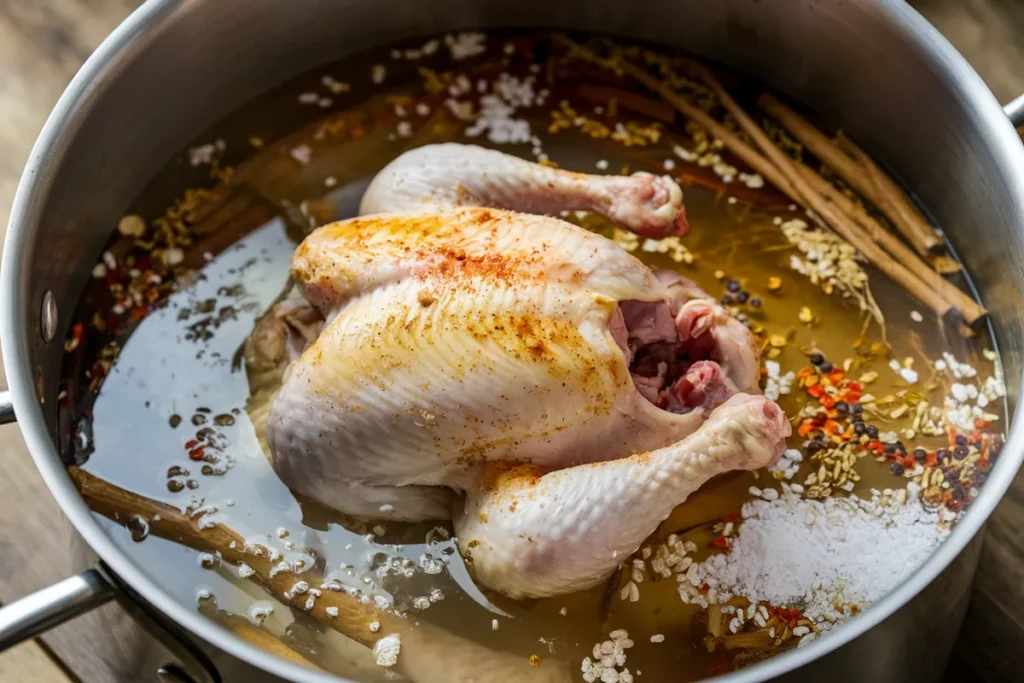 Raw chicken breast submerged in a bowl of brine with salt crystals and herbs, in a modern kitchen setting.