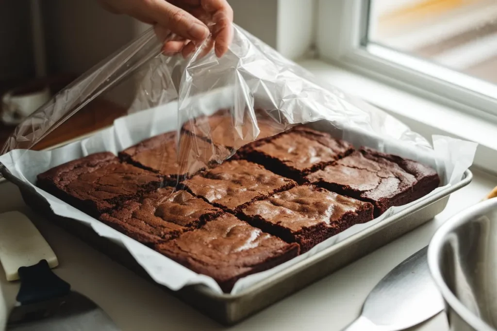 Stack of moist chocolate brownies on a wooden cutting board with an airtight container nearby.