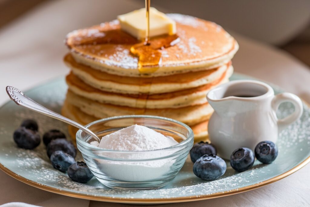 Stack of pancakes with powdered sugar, butter, and blueberries