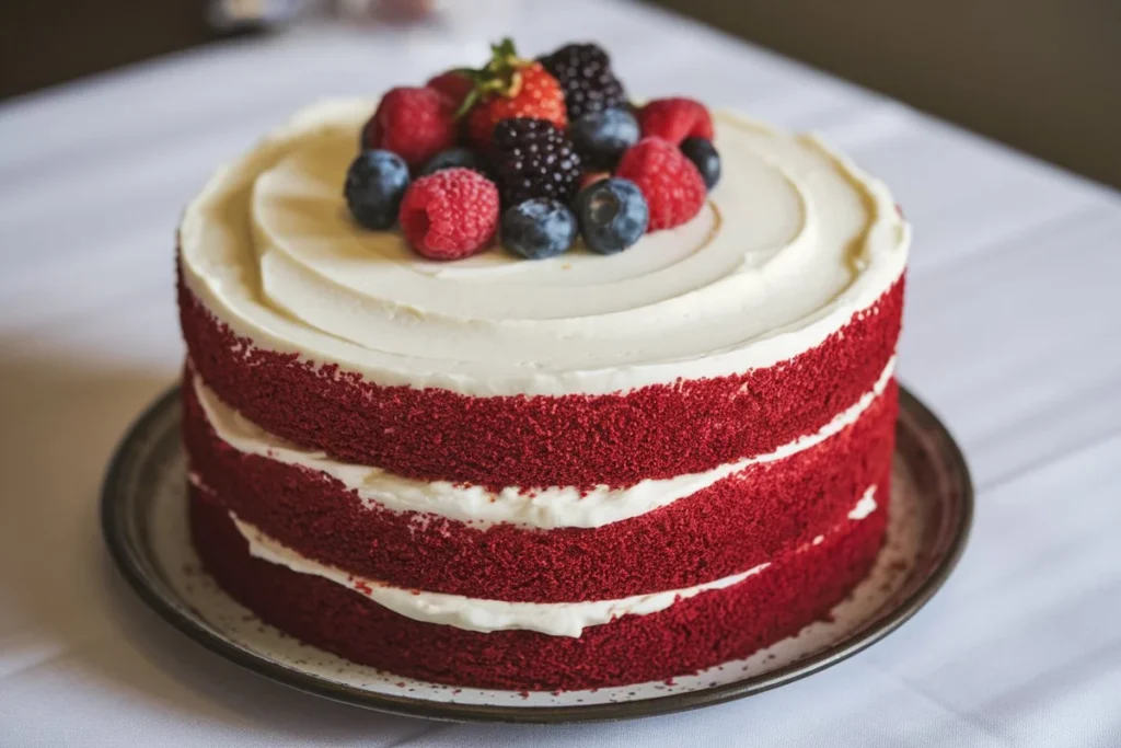 A slice of red velvet cake with cream cheese frosting on a white plate