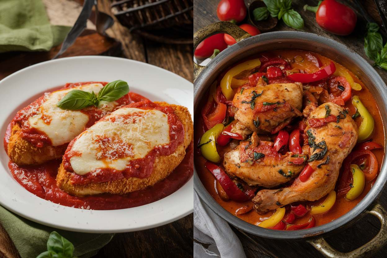 Side-by-side comparison of Chicken Parmesan and Chicken Cacciatore dishes.