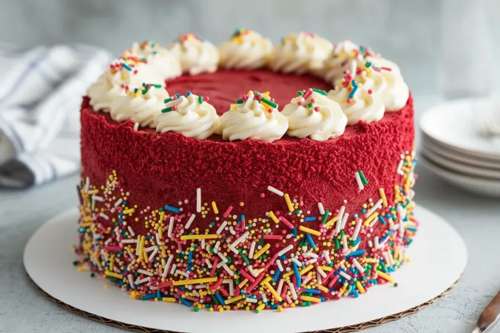 A slice of red velvet cake with cream cheese frosting on a white plate.