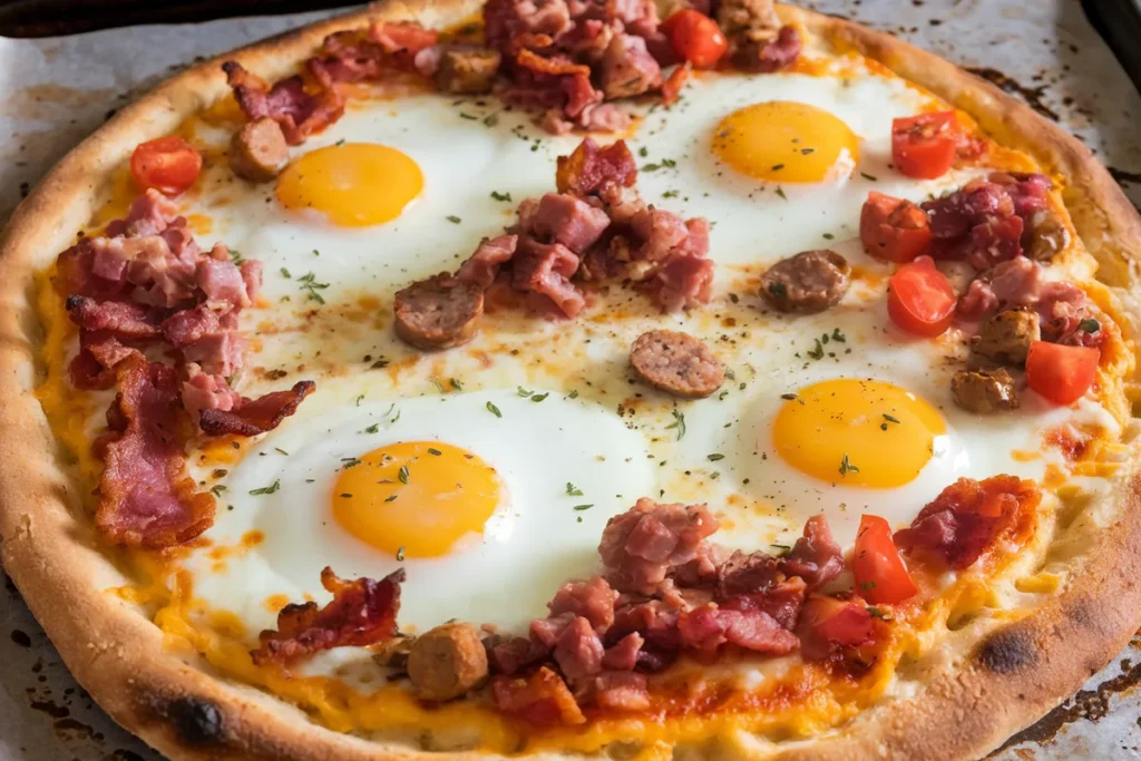 Top-down view of a breakfast pizza with cheese, eggs, turkey bacon, and tomatoes, served with coffee and orange juice.