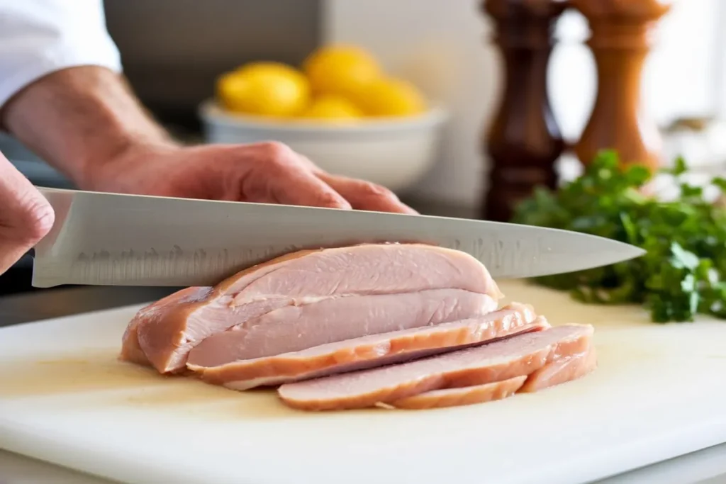 Chicken breast being cut into thin cutlets on a marble countertop