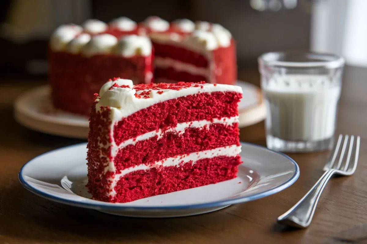 A slice of red velvet cake with cream cheese frosting on a white plate.