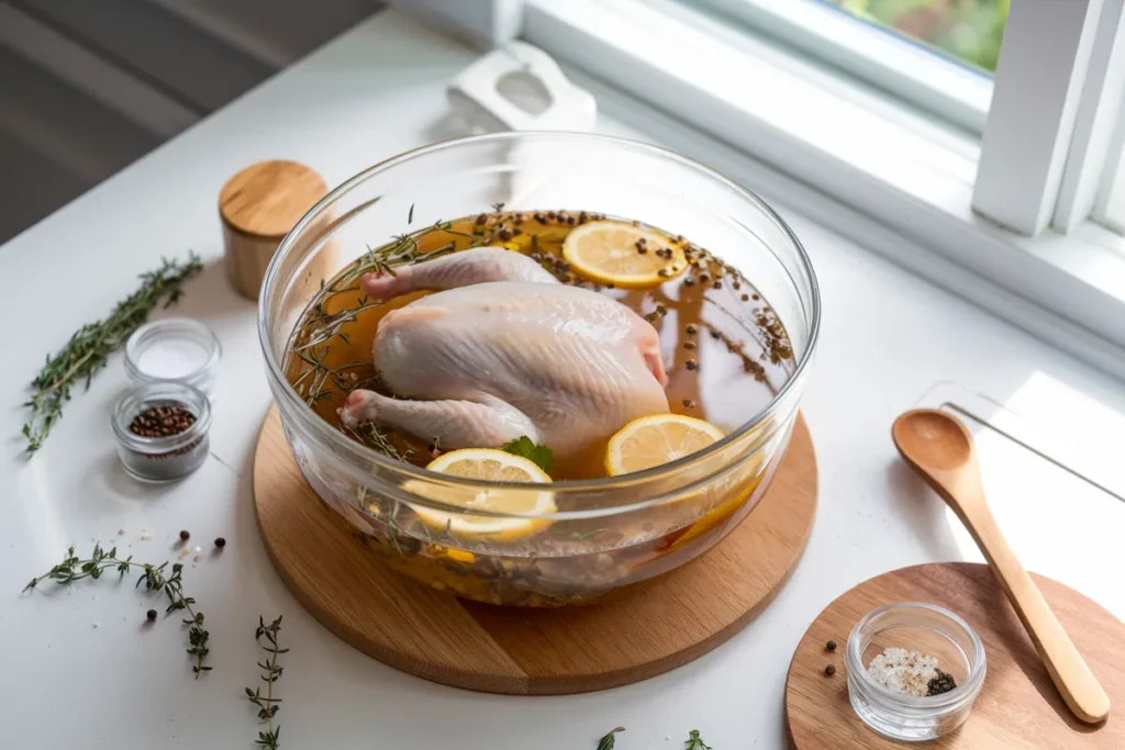 Raw chicken in a bowl of brine with herbs, peppercorns, and lemon