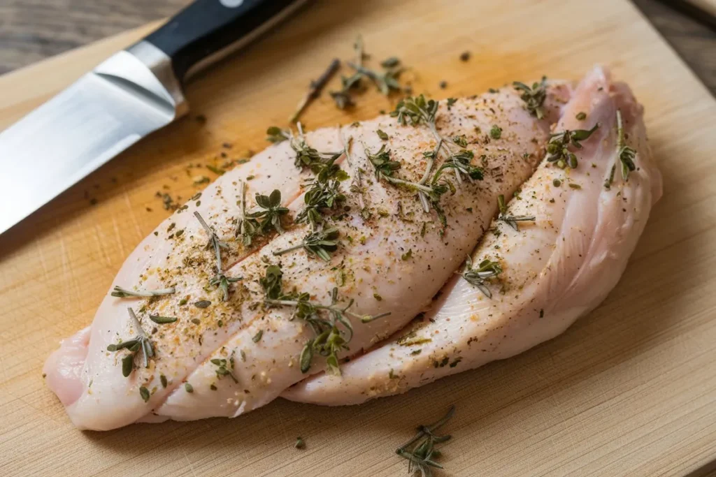 Thinly sliced chicken breast pieces labeled as cutlets, fillets, and scallopini on a cutting board.