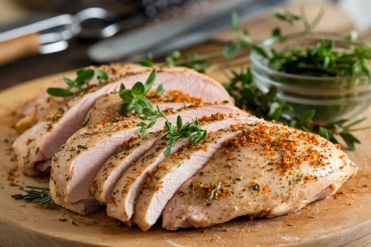 Thinly sliced chicken breast pieces labeled as cutlets, fillets, and scallopini on a cutting board.