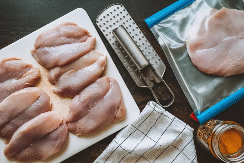 Close-up of a boneless chicken breast being sliced into cutlets on a wooden cutting board