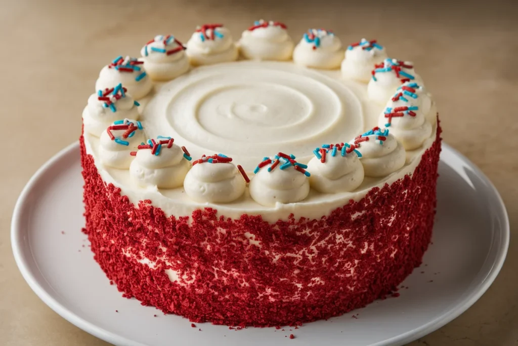 A slice of red velvet cake with cream cheese frosting on a white plate