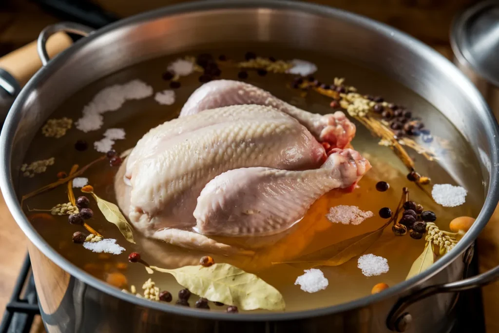 Raw chicken breast submerged in a bowl of brine with salt crystals and herbs, in a modern kitchen setting.