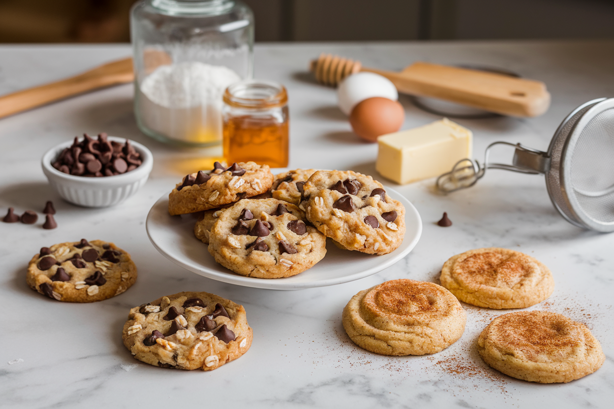 Homemade cookies using pancake mix cooling on a wire rack with baking ingredients and utensils nearby.