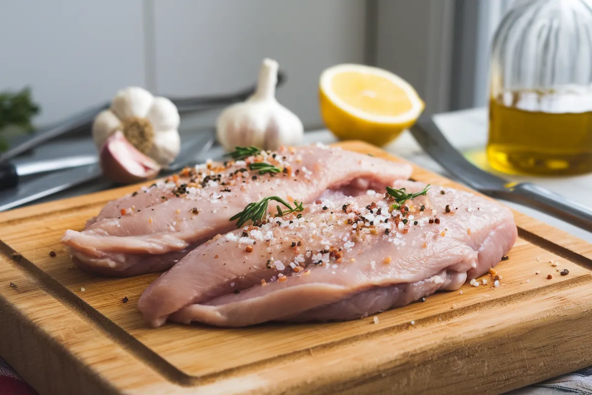 Close-up of a boneless chicken breast being sliced into cutlets on a wooden cutting board