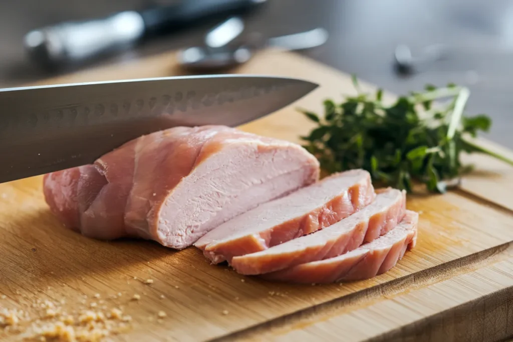 Close-up of a boneless chicken breast being sliced into cutlets on a wooden cutting board