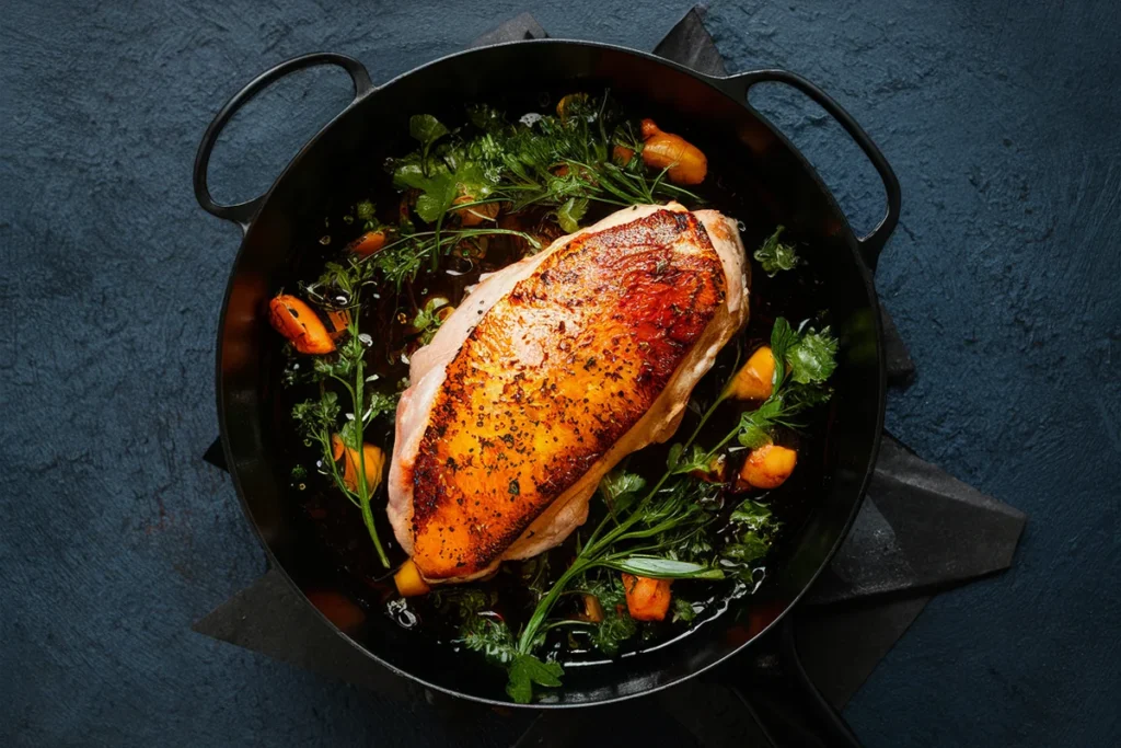 Juicy thin chicken breast with golden-brown crust on a cutting board, surrounded by fresh herbs and a small dish of marinade.