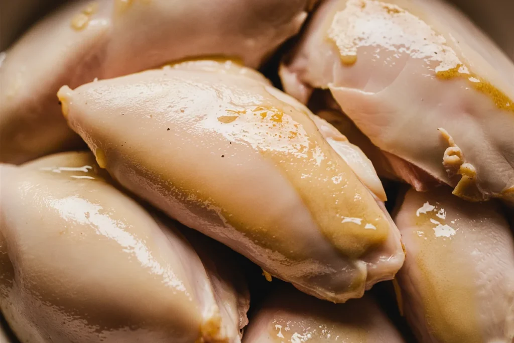 Juicy thin chicken breast with golden-brown crust on a cutting board, surrounded by fresh herbs and a small dish of marinade.