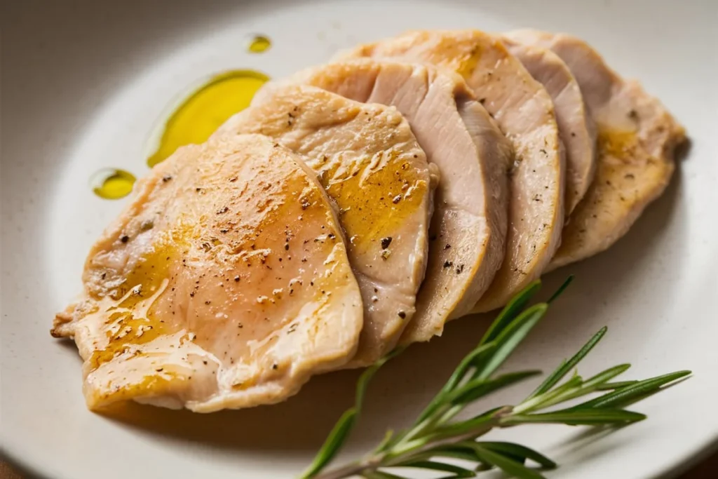 Juicy thin chicken breast with golden-brown crust on a cutting board, surrounded by fresh herbs and a small dish of marinade.