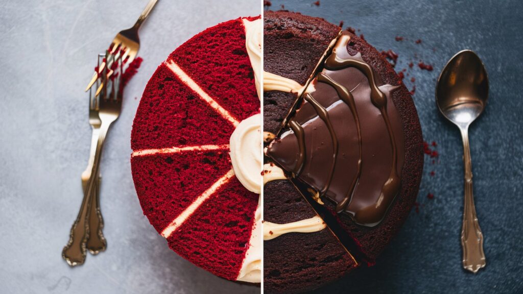 Close-up of a slice of Red Velvet Cake and a slice of Chocolate Cake on a white plate.