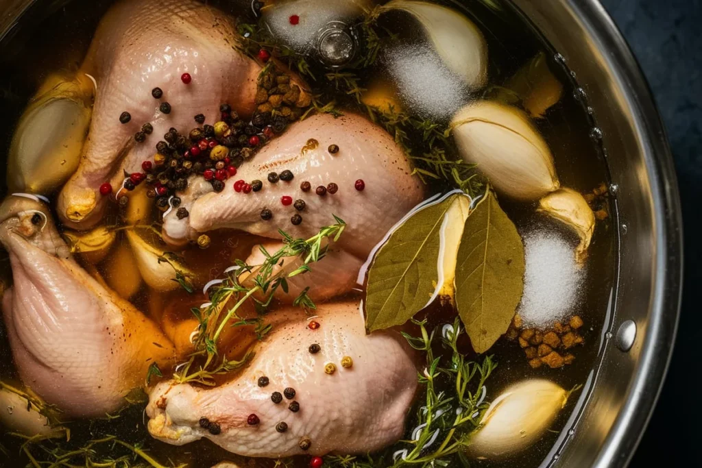 Raw chicken submerged in a glass bowl with herb-infused brine on a rustic kitchen table.