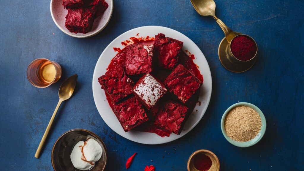 Freshly baked Red Velvet Brownies with a rich cream cheese frosting.