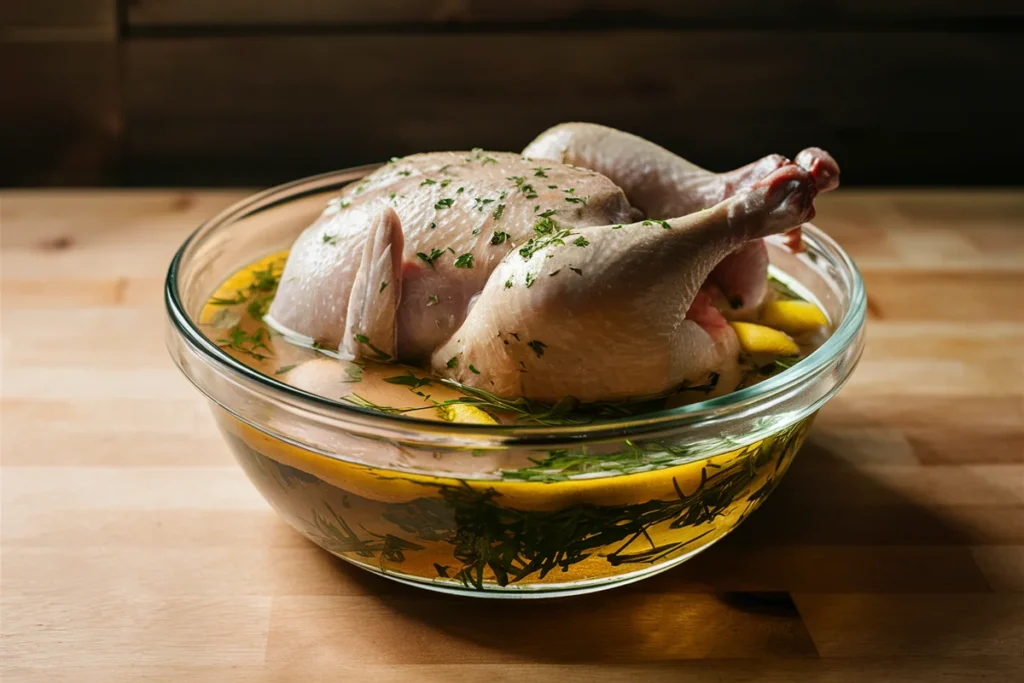 Whole chicken submerged in a lemon and herb-infused brine solution in a glass bowl.