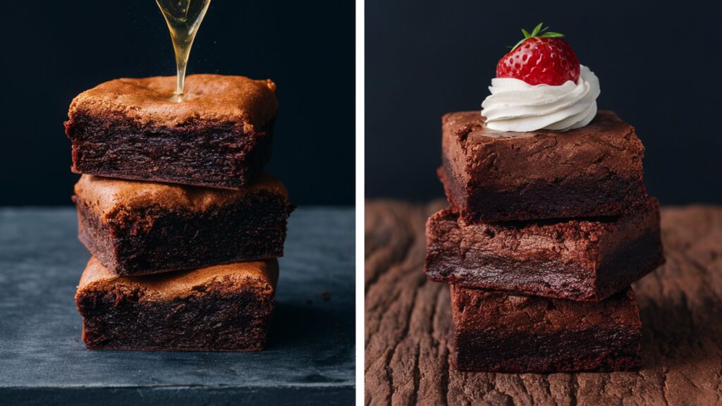 Close-up of cakey vs fudgy brownies showing texture differences