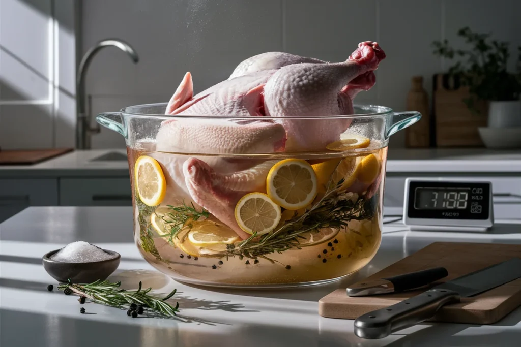 Whole chicken brining in a glass bowl with herbs and spices in a kitchen setting.