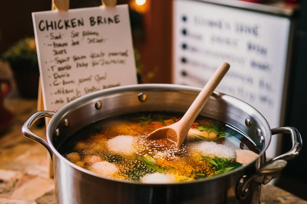 Cook preparing a turkey in a glass container filled with brine solution, herbs, and citrus slices in a warm kitchen setting.