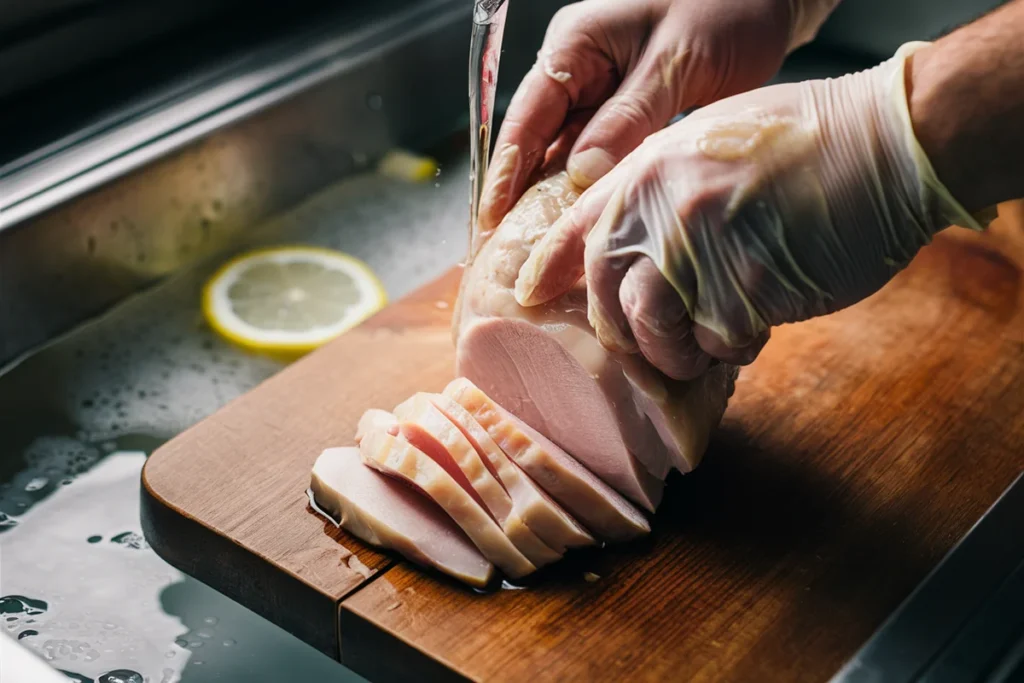 Raw thin-sliced chicken breast on a cutting board near a kitchen sink.