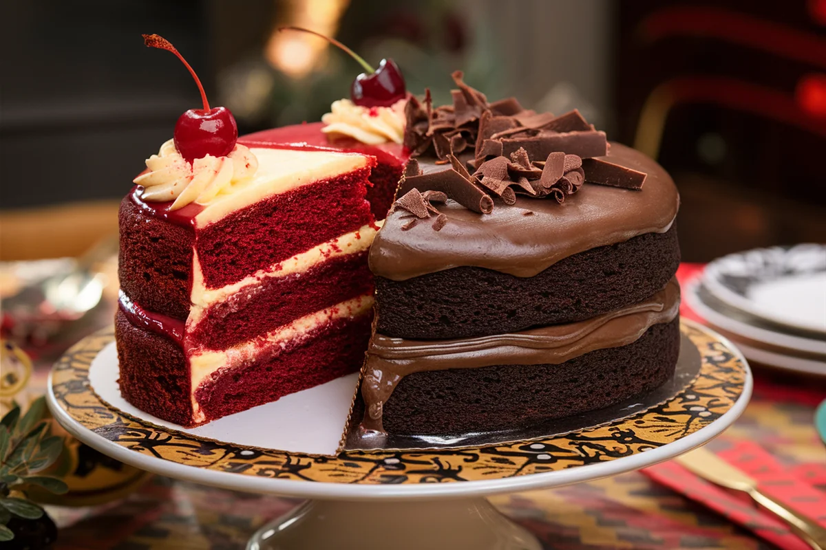 Red velvet cake with cream cheese frosting and chocolate cake with chocolate ganache, side by side on a dessert table.