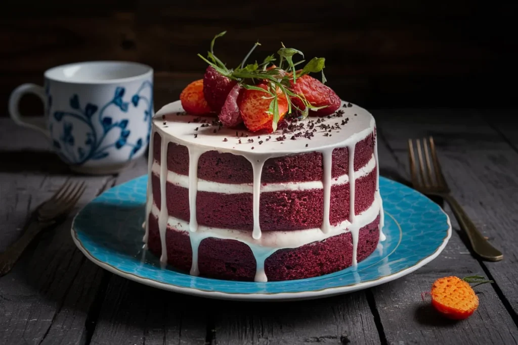 Close-up of a red velvet cake with cream cheese frosting, showing the rich red layers and velvety texture on a modern kitchen countertop.